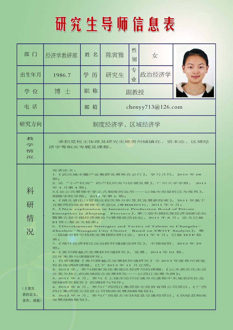 陈寅雅政治经济学副教授